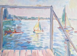 Bruckner Vali: Balaton - Vitorlások, csónakázók (olajfestmény) Csűrösné Bruckner Valéria, női festő