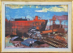 112x82cm ! Mosshammer György (1911 - 1970) Újpesti Hajógyár c. festménye Eredeti Garanciával!