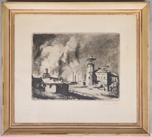 Szőnyi István (1894-1960): Gyártelep. Rézkarc, papír, jelzett, paszpartuban, 16×21 cm