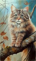 AKCIÓ Dabronaki Cica az ágon 50x30 cm olaj-vászon
