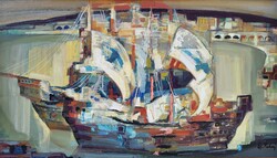 113x65cm !! Cs. Pataj Mihály (1921 - ) Vitorlások c festménye Eredeti Garanciával!