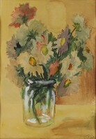 1W587 Magyar festő 1980 akvarell csokor üvegben - asztali virágcsendélet 27.5 x 19 cm
