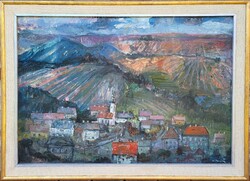 112x82cm ! Mosshammer György (1911 - 1970) Mecseki Falu c festménye Eredeti Garanciával!