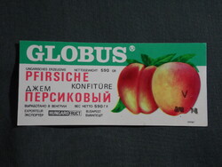 Canned food label, Hungarian Conservatory, GLOBUS Peach jam