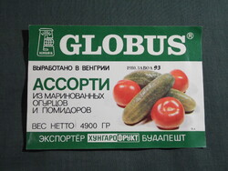 Konzerv befőtt címke,Magyar konzervgyár,GLOBUS,ecetes uborka paradicsom,