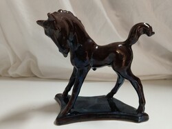 Magas fényű, barna mázas kerámia ló szobor, könyv támasz - 18 x 18 x 11cm