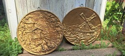 2 db, bronzosított fém, vintage rézdomborított falikép