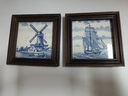 Holland Westraven Anno 1661. Delftware fali csempe pár fa keretben - 15,7 x 15,5 cm