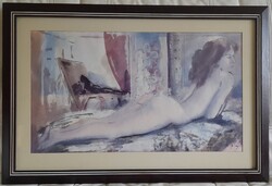 Bihari Sándor: Fekvő akt – eredeti akvarell, zsűrizett (55×61 cm)