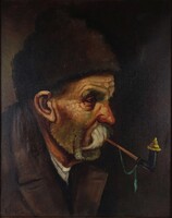 1V934 Pipázó paraszt jelzett olaj festmény blondel keretben 50 x 40 cm