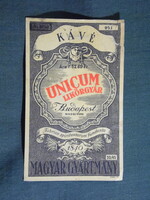 Unicum címke,Unicum likőrgyár vállalat,Unicum kávé likőr, 0.5L, 1945-