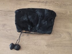 Antik fényes fekete szőrme muff, kéz melegítő réz cipzárral