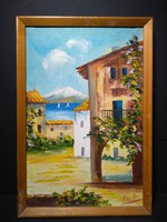 Mediterrán utcakép (olaj, vászon) tengerpart, vízparti táj, házak