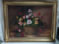 Bártfay Anna - Virág csendélet kosárban, nagy méretű olaj, vásznon, 94 x 74 cm