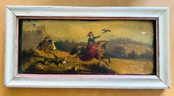 Biedermeier miniatűr olajfestmény lemezre – vadászat jelenet, eredeti keretben