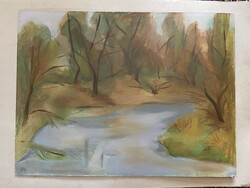 ZÖLD ANIKÓ (1942-) RÁBAPART TÁJKÉP, KÉPCSARNOKOS JELZETT FESTMÉNY 80 X 60 CM