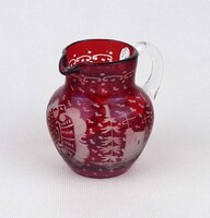 1V063 Antik Egermann kisméretű bordó színű csiszolt üveg díszkancsó 7.6 cm