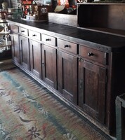 Öreg, 2.5 méteres, 6 fiókos, tömör fa pult, szekrény, ipari, loft, műhelyszekrény a Pénzverdéből