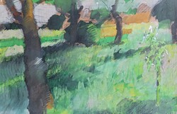 Derűs parkrészlet - tempera festmény - természet, fák