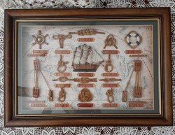 Tengerész csomók és hajó kiegészítők üvegezett fakeretben nagyméretű  47 cm x 33,5