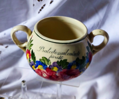 Pannonia Kislőd jelzésű, kézzel festett edény, mázas kerámia, Balatonalmádi fürdő emlék