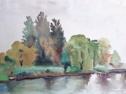 Vízparti táj: Szarvas, 1967 - tópart fákkal, szignózott akvarell