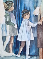 Grünner L. festménye, Andrea Mantegna itáliai reneszánsz műve után: Bíboros érkezése - gyerekek