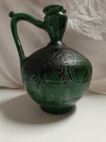 Szabó Lajosné zöld mázas Mezőtúri kerámia, nagy méretű, csörgős vizes kancsó - 29 cm