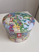 Vidám, szines, fémdoboz Marcella Wylie illusztrációjával, 8,5cm magas, 11,5cm átmérőjű, hibátlan