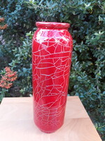Retro piros repesztett mintás iparművészeti kerámia váza, 27 cm