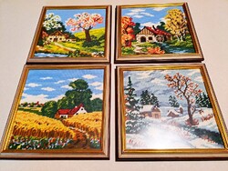 4 db gobelin fali kép keretezve, üveg mögött: tavasz, nyár, ősz, tél 27 x 27 cm