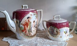 Antik ﻿porcelán teáskészlet elemek, kanna, cukortartó, 1900-as évek első feléből.