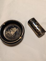 24 karátos arany díszítésű fekete porcelán hamutartó(tálka)+ öngyújtó tartó