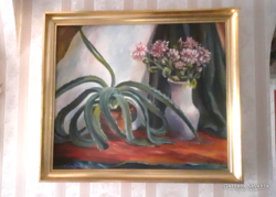 Soltész Péter régi olajfestménye, aranyozott  fa keretben. 77x66 cm