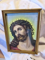 A szenvedő Jézus, Jézus töviskoszorúval a fején szentkép üvegezett fa keretben.