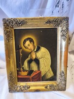 Vintage Szent Alajos Gonzaga a kereszt imádata című szentkép, eredeti aranyozott fa keretben
