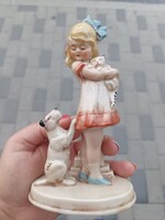 Sitzendorfi porcelán kislány cicával és kutyával