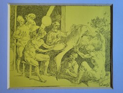 Duschanek János (1947 - 2013) Életkép tus rajz 30x24cm Eredeti Garanciával!