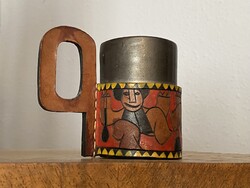 RETRO 6 SZEMÉLYES KERÁMIA KÁVÉS KÉSZLET NYOMOTT FESTETT BŐR FOGÓVAL