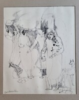 Duschanek János (1947 - 2013) Sétálók tus rajz 43x35 cm Eredeti Garanciával!