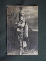 Postcard, Sári Fedák actress, János vitéz, hussar, Strelisky edition Bp. 1905