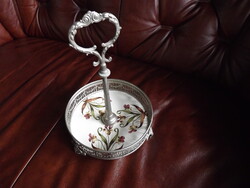 Antik porcelán fajansz betétes szép tálca 27 x 15 cm
