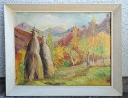 Kárpátaljai táj szénaboglyákkal (olajfestmény) Máté (?) szignóval, ukrajnai magyar festő - őszi erdő