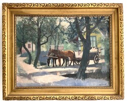 Mácsai István falukép lóval szekérrel látkép utcakép