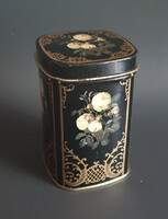 Antik stílusú fekete, teás fémdoboz fehér rózsa mintával (9,5cm)
