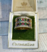 Aranyozott ezüst gyűrű smaragddal,rubinnal és zafírral