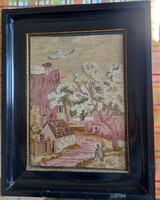 Régi 37.5x47cm Tű Goblein Uveg Mögött Keretben