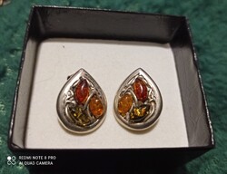 Ezüst fülbevaló/borostyán