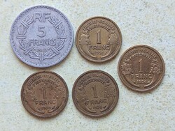 Franciaország 5 db különböző érme. 1 és 5 franc francs frank. 1932-1945.