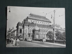 Képeslap,Csehország,Praha,Prága,villamos,híd,Nemzeti színház,városi látkép,részlet,1965-